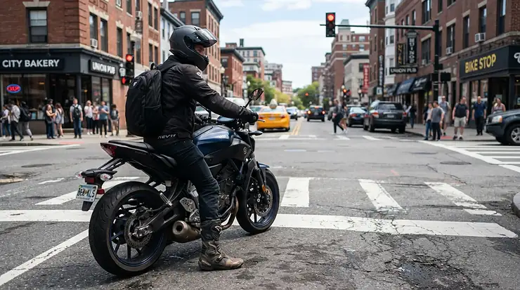 A rider wearing adventure boots for street and dirt while stopping at a red light on a city boulevard.