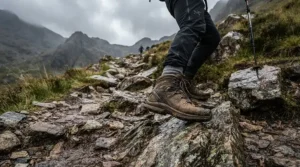 Close-up of adventure boots for street and dirt tackling a rugged, rocky mountain trail.