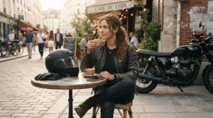Relaxing at an outdoor cafe wearing stylish adventure boots for street and dirt.