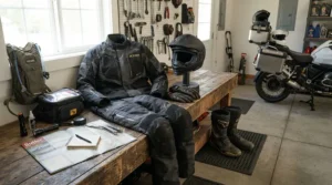 Close-up of affordable adventure riding boots displayed alongside budget ADV gear picks on a workbench.