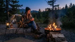 A traveler sitting by a campfire at dusk wearing comfortable affordable adventure riding boots.