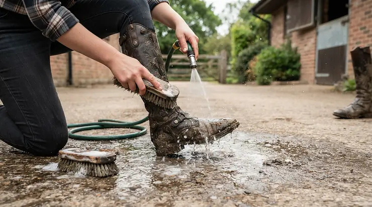 Cleaning mud off a durable pair of affordable adventure riding boots in a driveway.