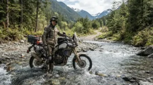 A rider wading through a shallow stream with waterproof affordable adventure riding boots.