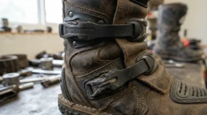 Detailed view of the protective buckles and armored panels on affordable adventure riding boots.