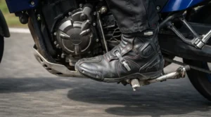 Close-up of the on and off-road flex rating on affordable budget dual sport motorcycle boots during a gear shift.