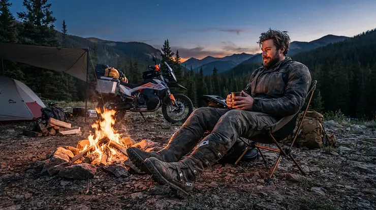Relaxing by a campfire after a long ride, wearing comfortable budget dual sport motorcycle boots.