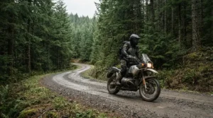 Riding through a forest fire road with reliable budget dual sport motorcycle boots planted firmly on the pegs.