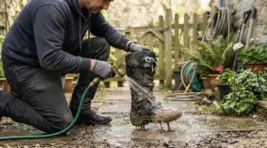 Cleaning mud off durable budget dual sport motorcycle boots after a long weekend adventure ride.