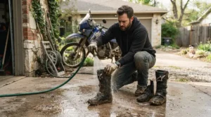 Cleaning dried mud off protective enduro boots for beginner off-road riders after a weekend trail ride.