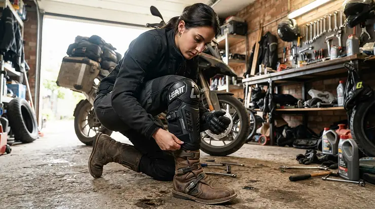 Checking shin guard integration with protective enduro boots for beginner off-road riders in a garage.