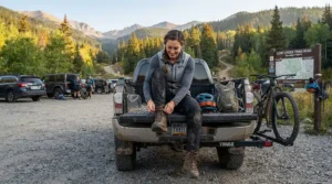 A rider trying on enduro boots for beginner off-road riders before heading out on a forest trail.