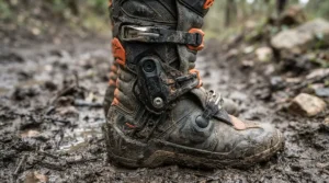 Built-in ankle brace system on off-road motorcycle boots for trail riding across muddy single-tracks.