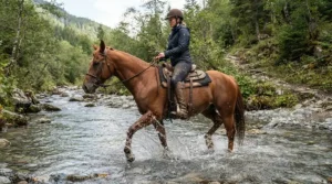 Waterproof performance of off-road motorcycle boots for trail riding during a shallow stream crossing.