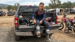 Rider lacing up and adjusting off-road motorcycle boots for trail riding in a wooded staging area.