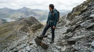Firm footing provided by off-road motorcycle boots for trail riding on a steep, rocky mountain incline.