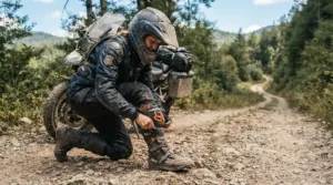 Reinforced shin protection plates on heavy-duty off-road motorcycle boots for trail riding in a dirt forest.