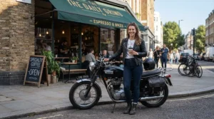 A rider wearing short women's motorcycle boots for summer while parking near a downtown coffee shop.