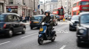 Navigating city traffic with flexible short women's motorcycle boots for summer designed for hot weather.