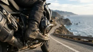 Close-up of short women's motorcycle boots for summer resting on footpegs during a coastal highway ride.