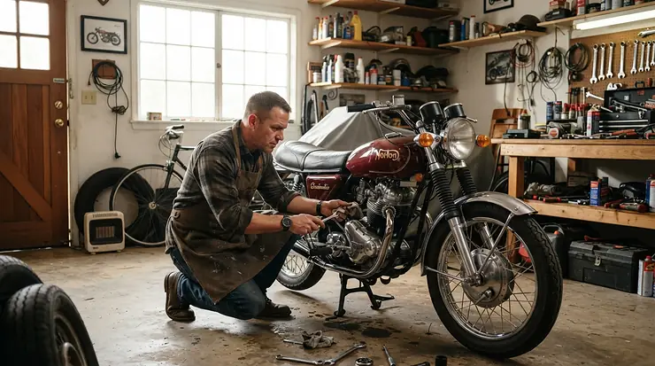 Checking equipment in the garage before a ride, wearing short women's motorcycle boots for summer.