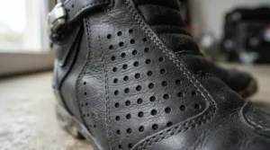Detailed view highlighting perforated panels on short women's motorcycle boots for summer.