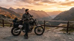 Rider taking a break on a scenic overlook wearing breathable short women's motorcycle boots for summer.