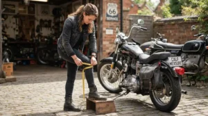 Measuring calf circumference sizing for tall women's motorcycle boots for cruiser riders in a garage setting.