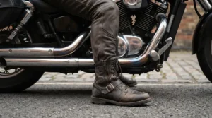 Close-up of tall women's motorcycle boots for cruiser riders showing extended calf coverage near a custom exhaust pipe.