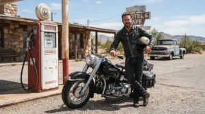A rider pausing at a classic American roadside gas station wearing tall women's motorcycle boots for cruiser riders.
