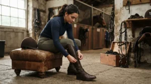 A rider easily zipping up tall women's motorcycle boots for cruiser riders with a convenient side zip design.