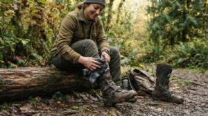 A rider cleaning drainage design features on waterproof adventure boots for mud after a trail ride.