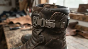Detailed view of gaiter closures on waterproof adventure boots for mud keeping debris out.