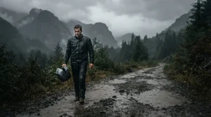 Riding through heavy rainfall with reliable waterproof adventure boots for mud keeping feet dry.