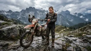 A rider navigating boulders using rugged waterproof adventure boots for mud for maximum stability.