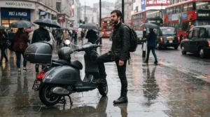 City commuter testing waterproof women's motorcycle boots for rain while stopped at a red light in downtown Chicago.
