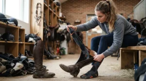 Demonstration of moisture-wicking sock liners inside waterproof women's motorcycle boots for rain after a long ride.