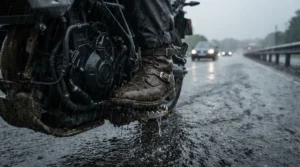 A rider wearing waterproof women's motorcycle boots for rain while navigating a wet Pacific Northwest highway.