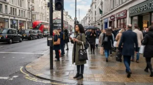 Pedestrian waiting at a busy city crosswalk in women's leather motorcycle boots for commuting