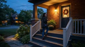Rider arriving home in the evening wearing reliable women's leather motorcycle boots for commuting
