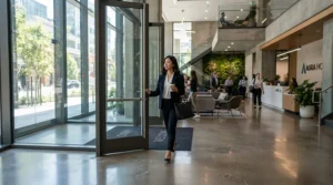 Professional stepping into a corporate office wearing women's leather motorcycle boots for commuting