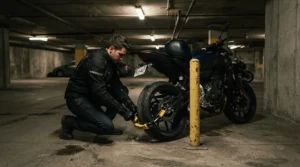 Rider standing beside a motorcycle in a parking structure wearing women's leather motorcycle boots for commuting
