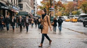 Pedestrian walking briskly on a city sidewalk in women's leather motorcycle boots for commuting
