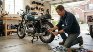 Checking tire pressure in a home garage while wearing women's motorcycle sneakers for casual riding.