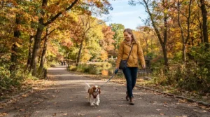 A woman walking a dog in a green city park wearing comfortable women's motorcycle sneakers for casual riding.