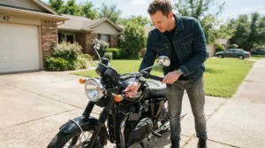 Unlocking a cruiser motorcycle in a sunny driveway while wearing women's motorcycle sneakers for casual riding.