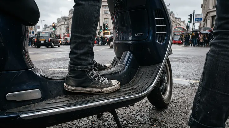 Close-up of women's motorcycle sneakers for casual riding resting on a scooter floorboard near a city crosswalk.